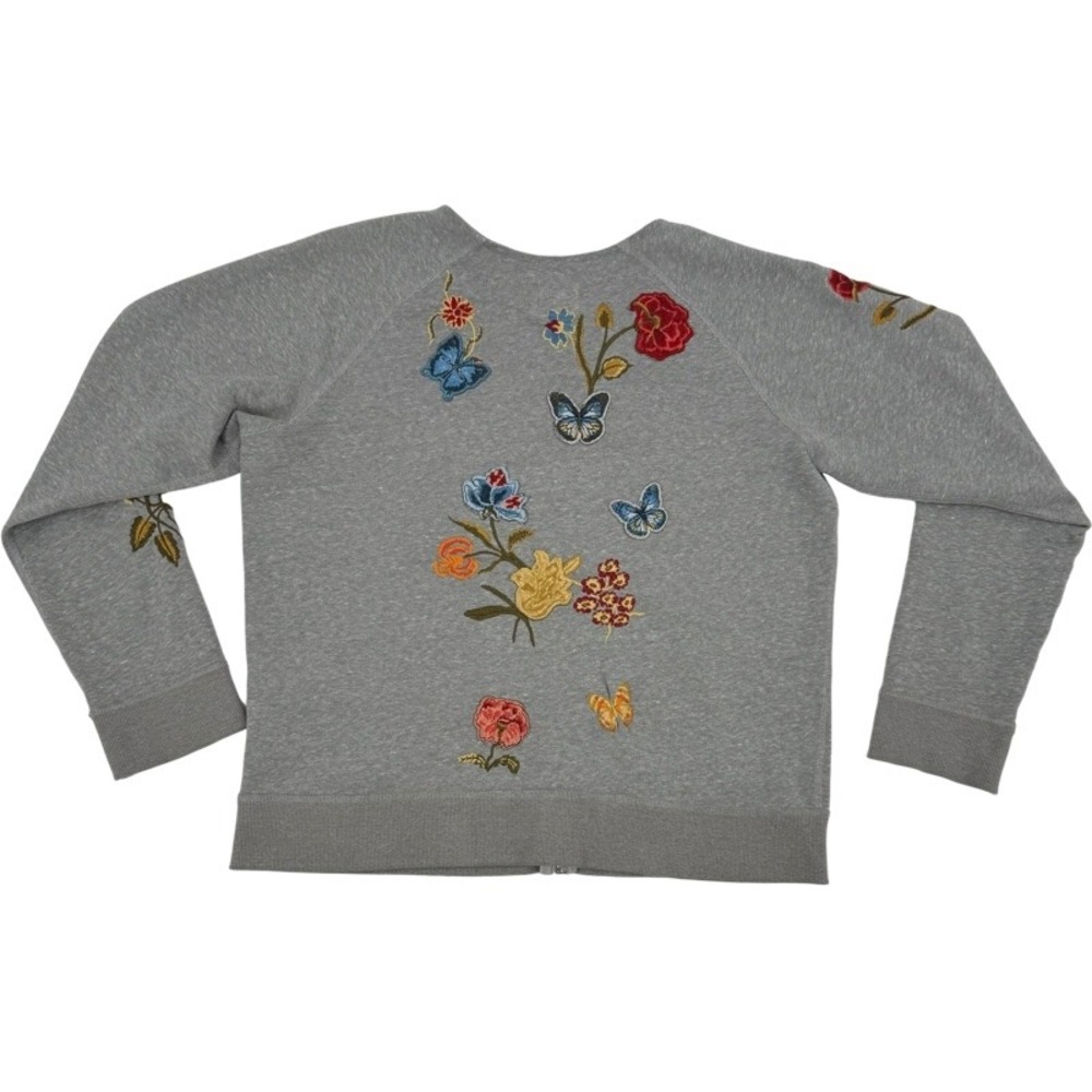 DRIFTWOOD Small Zip Up Hoodie Heathered Gray Floral Butterfly Embroidered Teddy - Picture 11 of 15